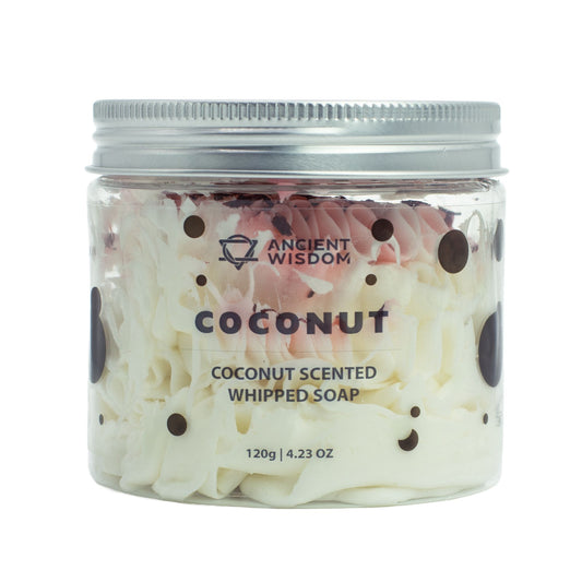 Coconut whipped soap in a 120g jar by The Bliss Co, creamy, fluffy texture with coconut scent, ready for gentle cleansing.