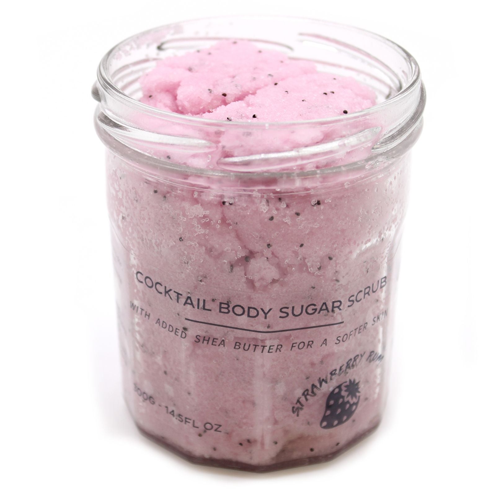 The Bliss Co strawberry rum fragranced sugar body scrub in a 300g jar with textured sugar and vibrant pink packaging.