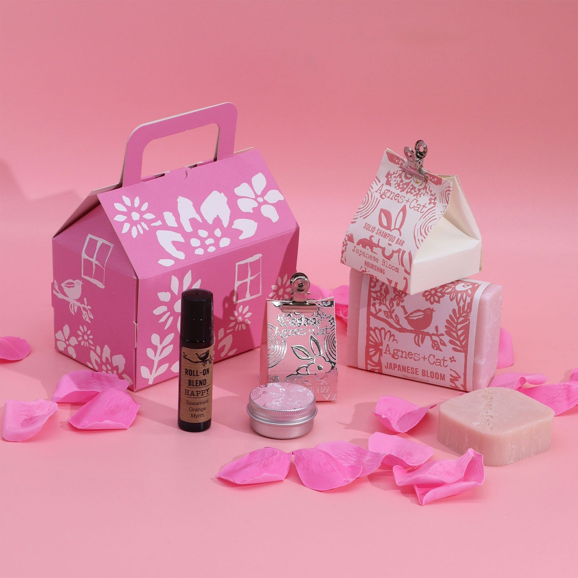 Agnes + Cat Wellness Gift Set by The Bliss Co featuring calming products in a floral-themed package.