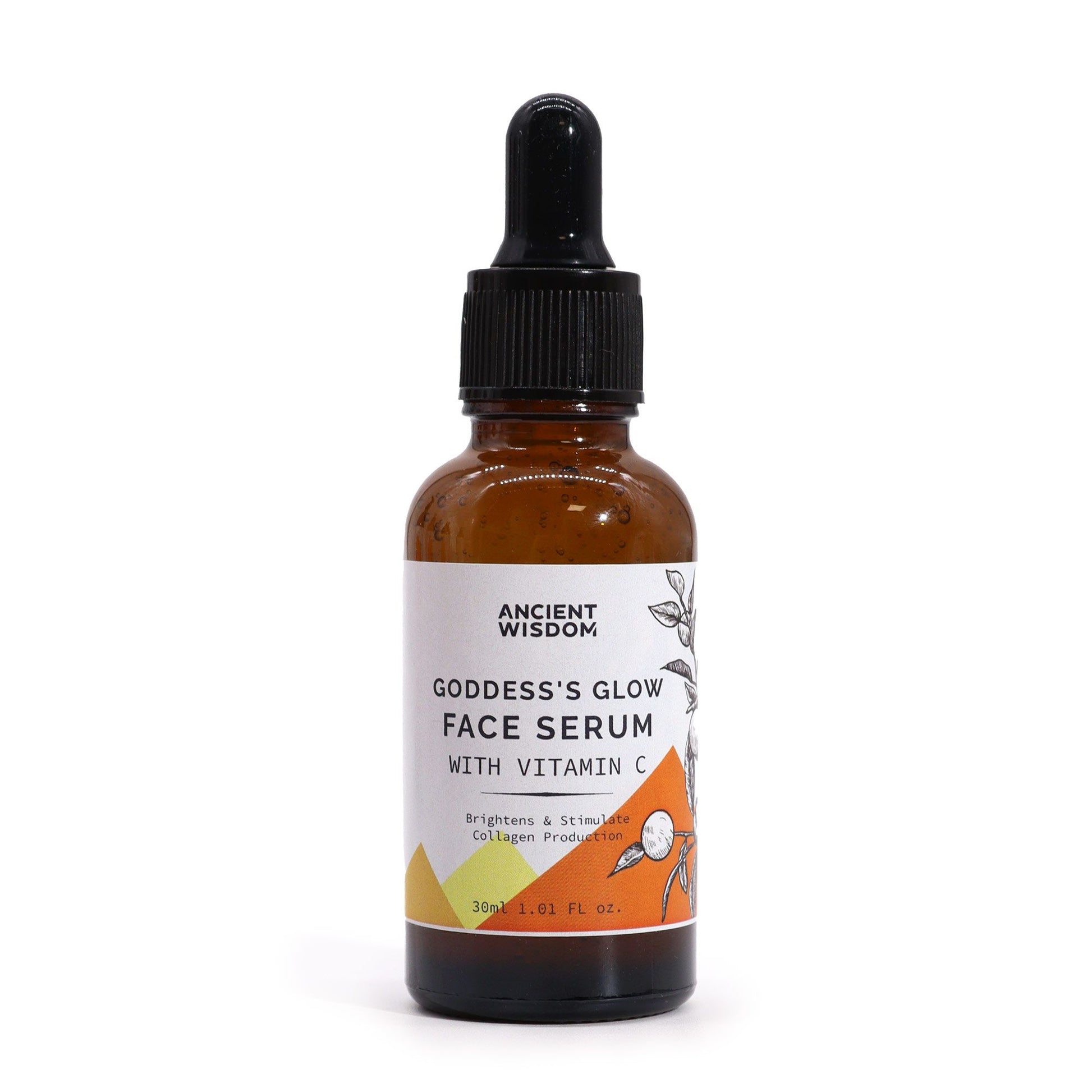 The Bliss Co Goddess’s Glow Face Serum with Vitamin C bottle showing bright, clear serum for radiant skincare, close-up shot.