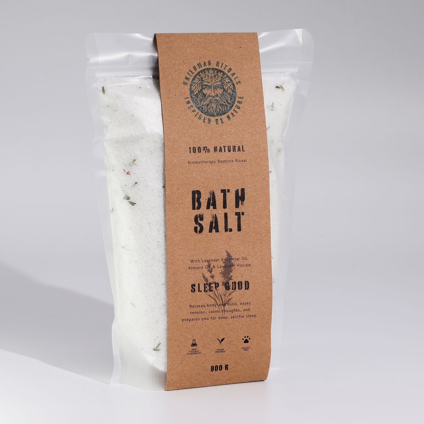 Greenman Rituals Lavender Aromatherapy Epsom Bath Salts by The Bliss Co, showing a jar of soothing lavender bath salts for relaxation.