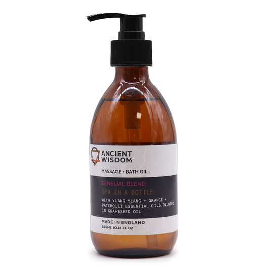 The Bliss Co Aromatherapy Massage and Bath Oil in a 300ml bottle with pump, designed for sensual massage and relaxing baths.