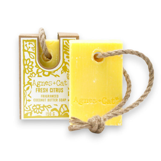 Agnes + Cat Soap on a Rope by The Bliss Co featuring fresh citrus scent with a natural soap on a durable rope for hanging or display.