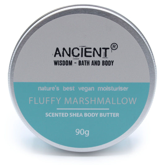 Scented Shea Body Butter by The Bliss Co in 90g container, featuring fluffy marshmallow fragrance and creamy texture.