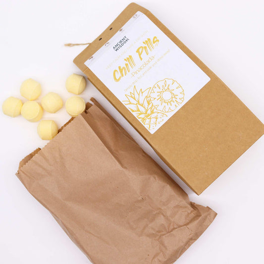 Chill Pills Gift Pack 350g by The Bliss Co featuring piña colada flavored chill pill candies in a colorful package.