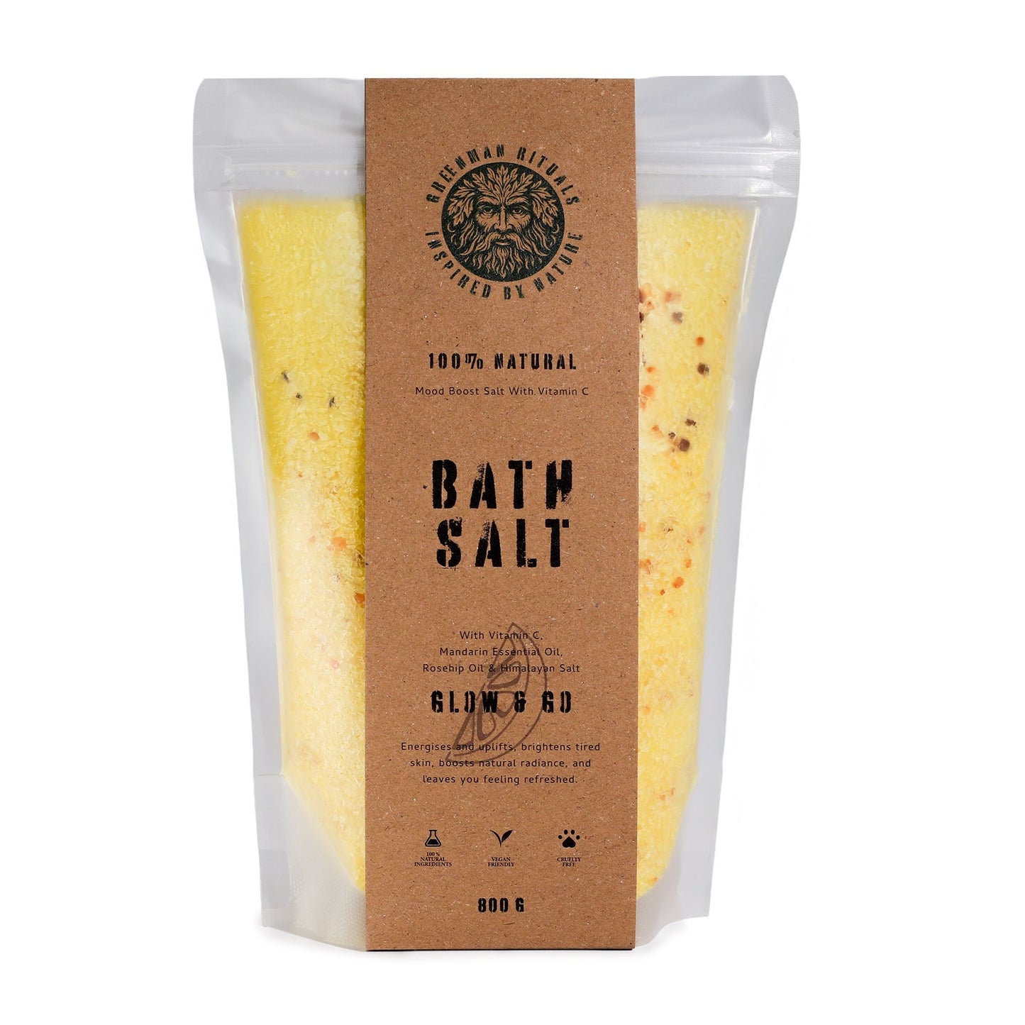 Greenman Rituals Vitamin C and Mandarin Epsom Bath Salts by The Bliss Co, featuring vibrant orange and green bath salts in a jar.