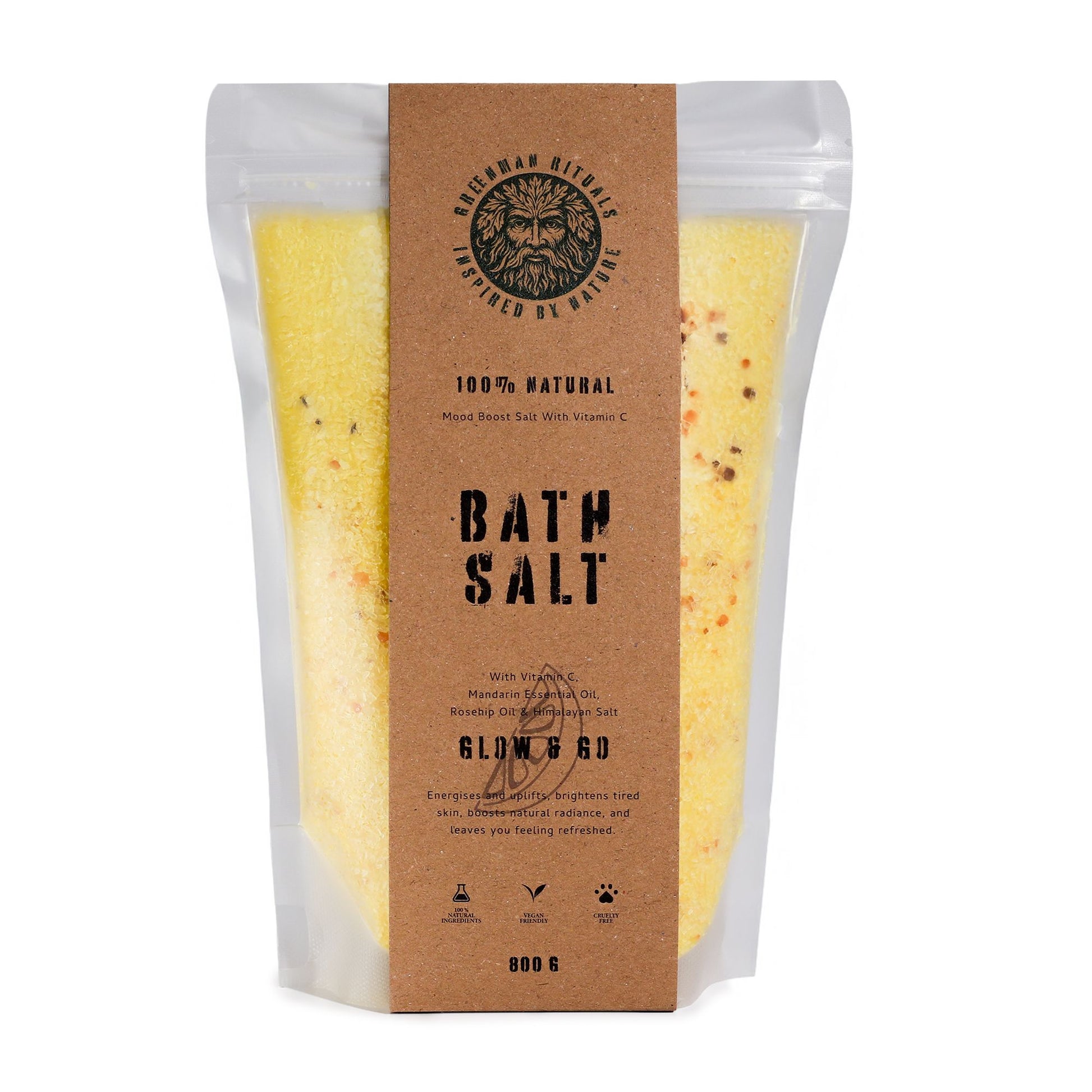Greenman Rituals Vitamin C and Mandarin Epsom Bath Salts by The Bliss Co, featuring vibrant orange and green bath salts in a jar.
