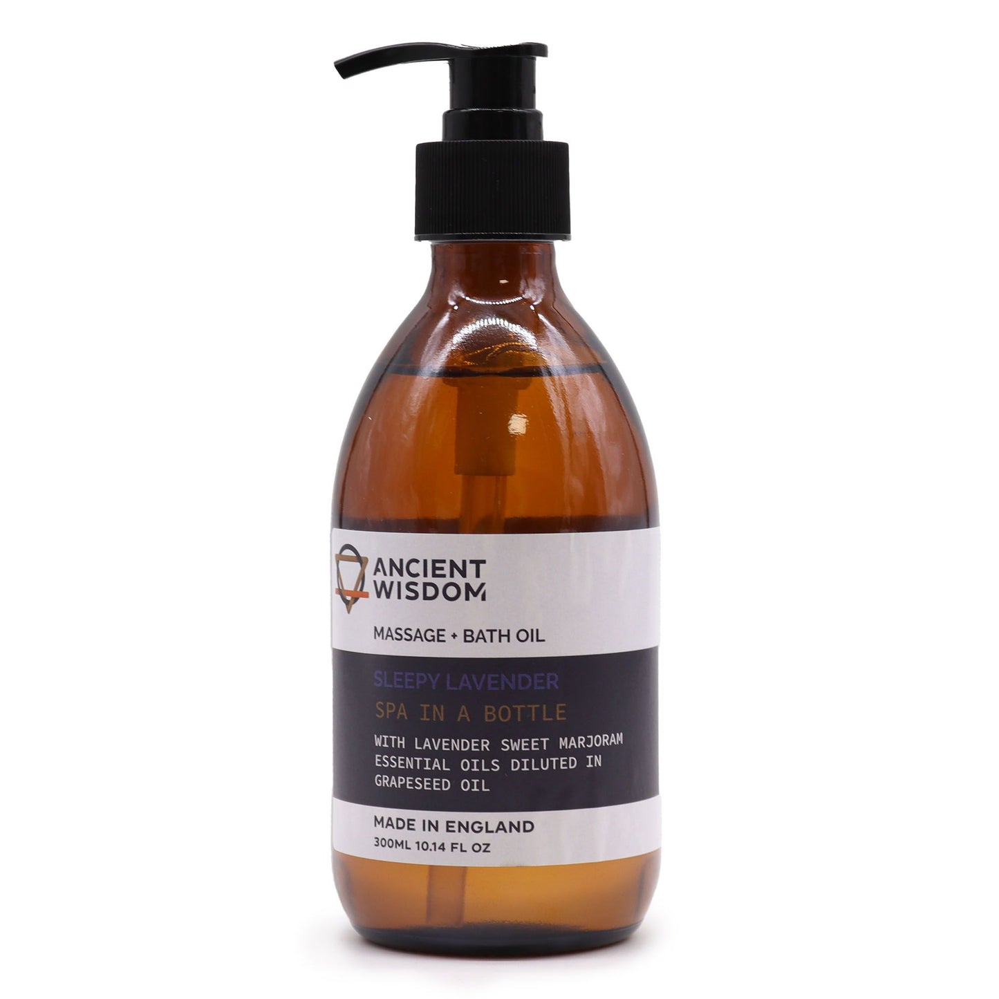 The Bliss Co Sleepy Lavender aromatherapy massage and bath oil in a 300ml bottle with pump, featuring lavender and soothing branding.