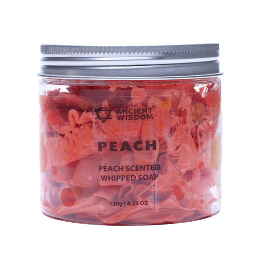 Peach whipped soap by The Bliss Co in a 120g jar, smooth and fluffy texture, perfect for gentle cleansing and moisturizing.