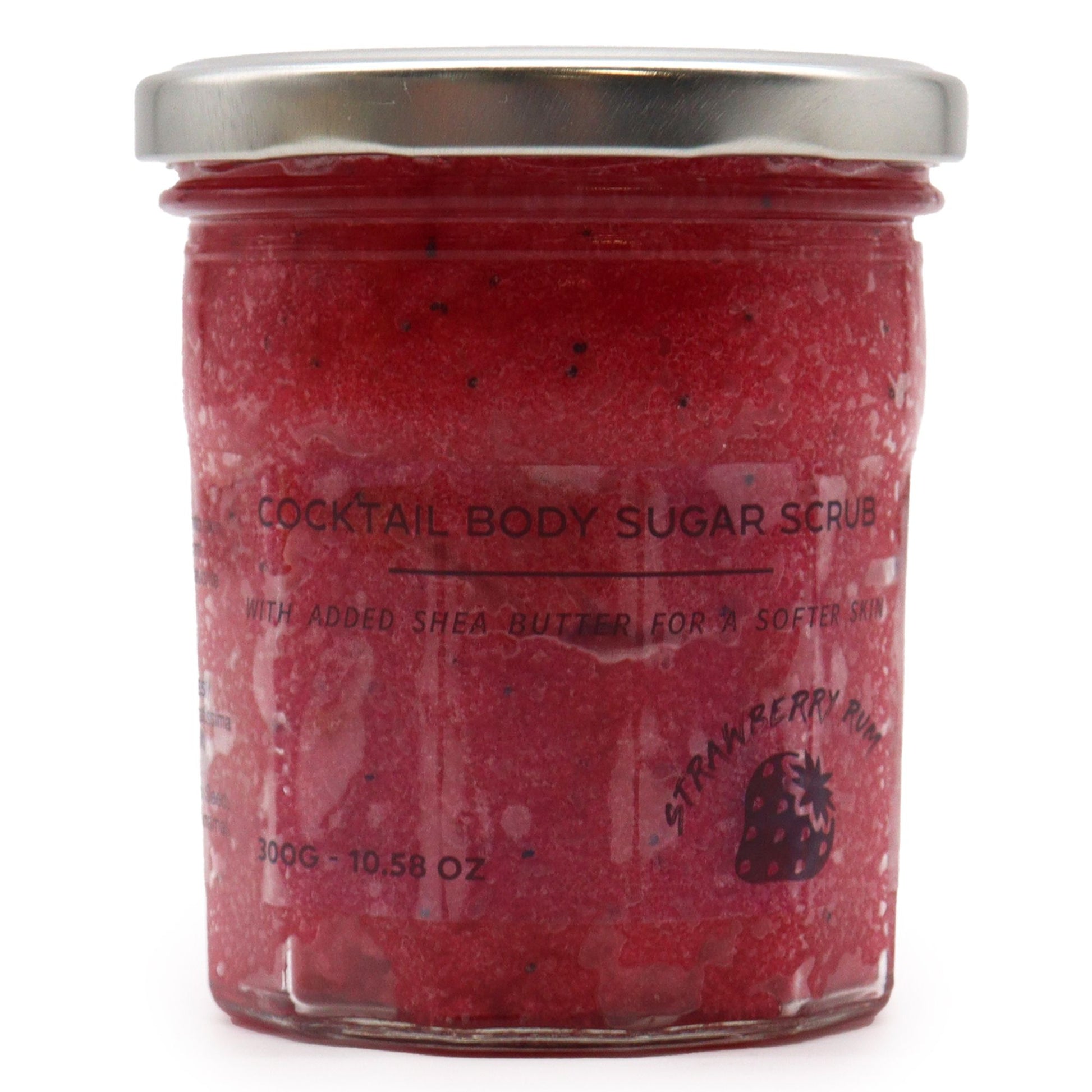 The Bliss Co strawberry rum fragranced sugar body scrub in a 300g jar, showing the textured scrub with strawberry and rum scent.