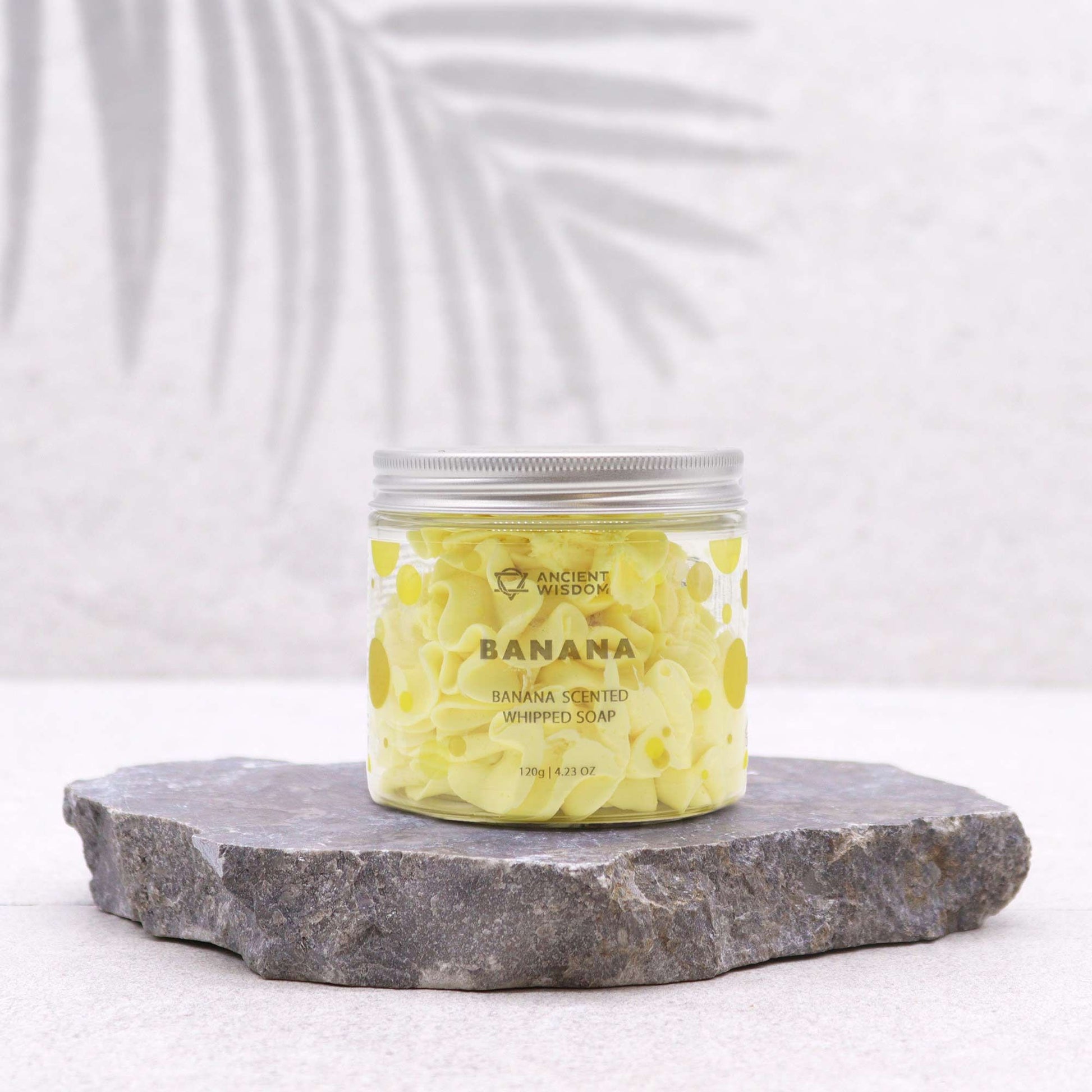 Banana whipped soap by AW Dropship UK, 120g jar of creamy, fluffy banana-scented cleansing soap for gentle skin cleansing.