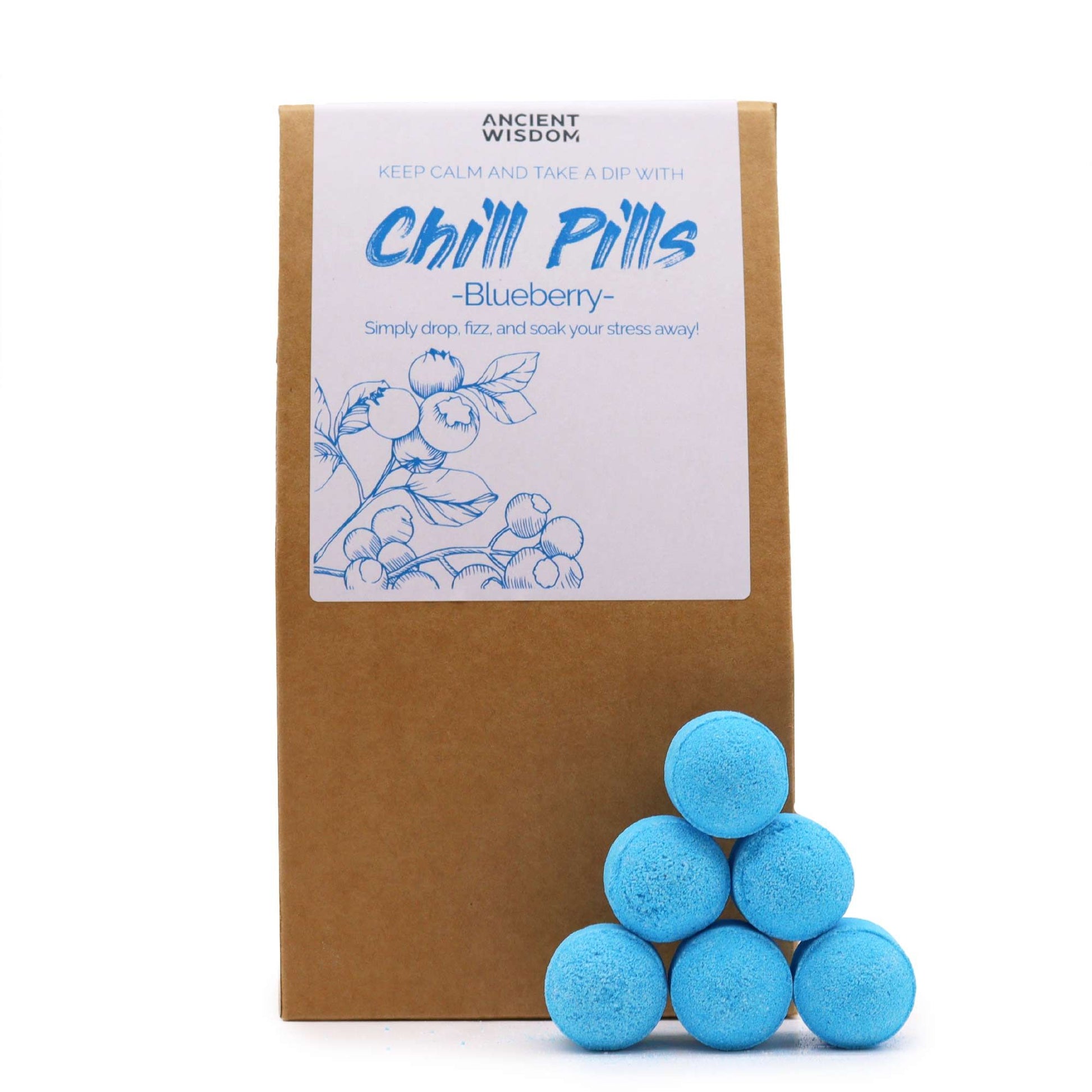 Blueberry Chill Pills gift pack by The Bliss Co, 350g, featuring colorful, relaxing chewable tablets in a vibrant package.