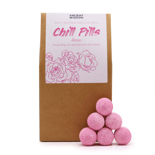Chill Pills gift pack by The Bliss Co, 350g rose-flavored chill pill gift set with colorful pills in a clear container.