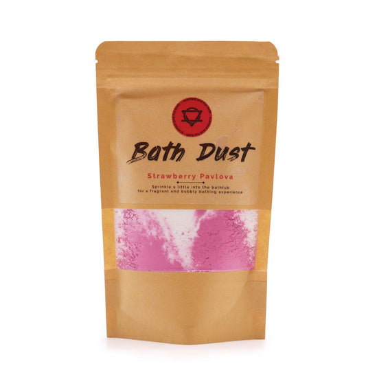 Strawberry Pavlova Bath Dust by The Bliss Co in a 190g jar, showcasing a pink and white bath dust with fresh strawberry and pavlova imagery.