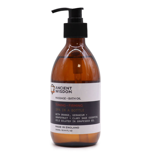 The Bliss Co Aromatherapy Massage and Bath Oil in 300ml bottle with pump, featuring toning and firming properties, shown in the image.