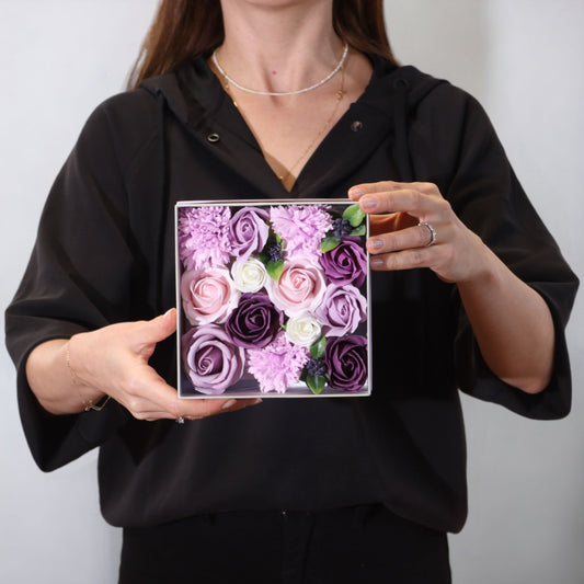 Square box of lavender rose and carnation soap flower gift box from The Bliss Co, showcasing elegant floral soap arrangements.