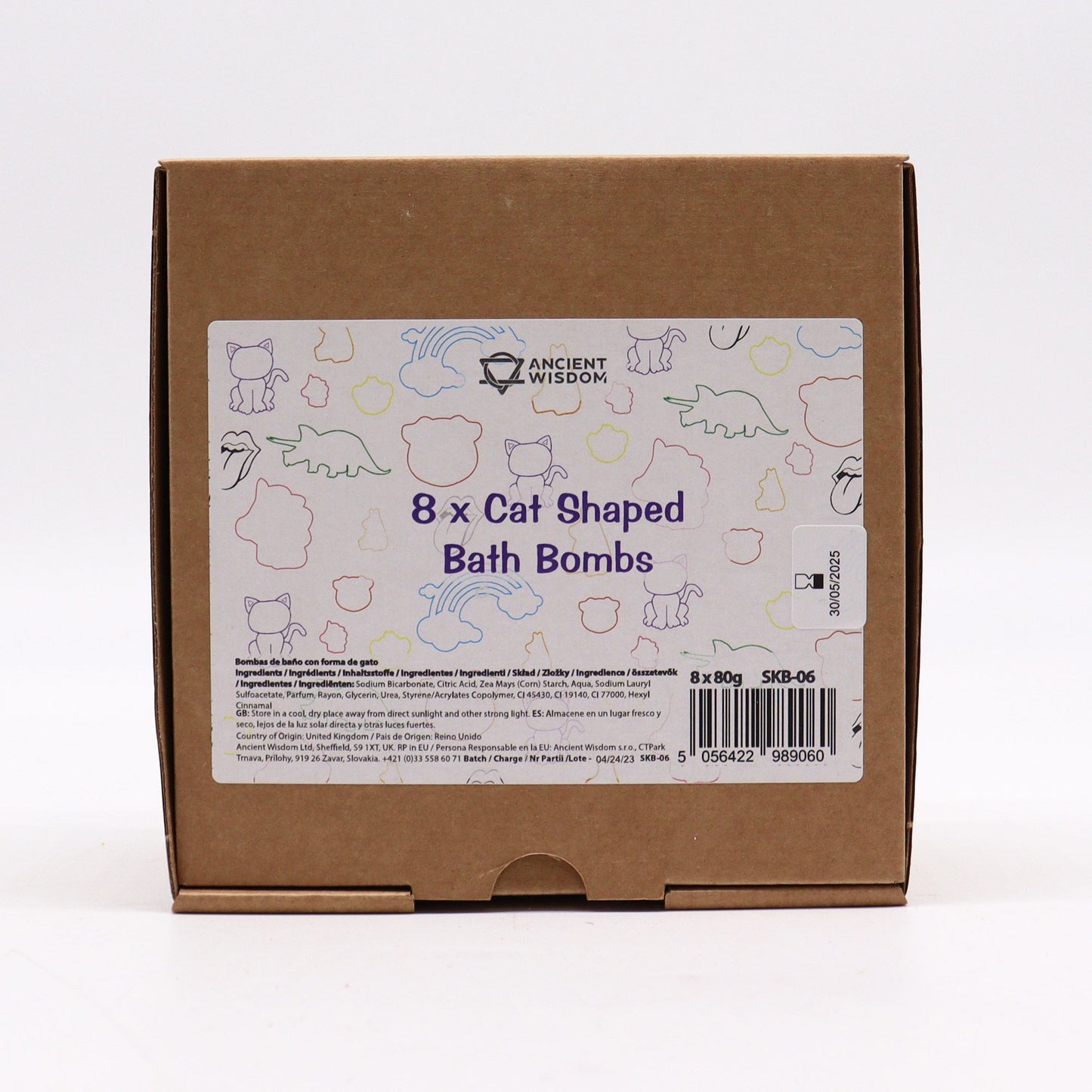 Colorful cat-shaped bath bomb for kids by The Bliss Co, 80g, with vibrant swirls and playful design in the image.