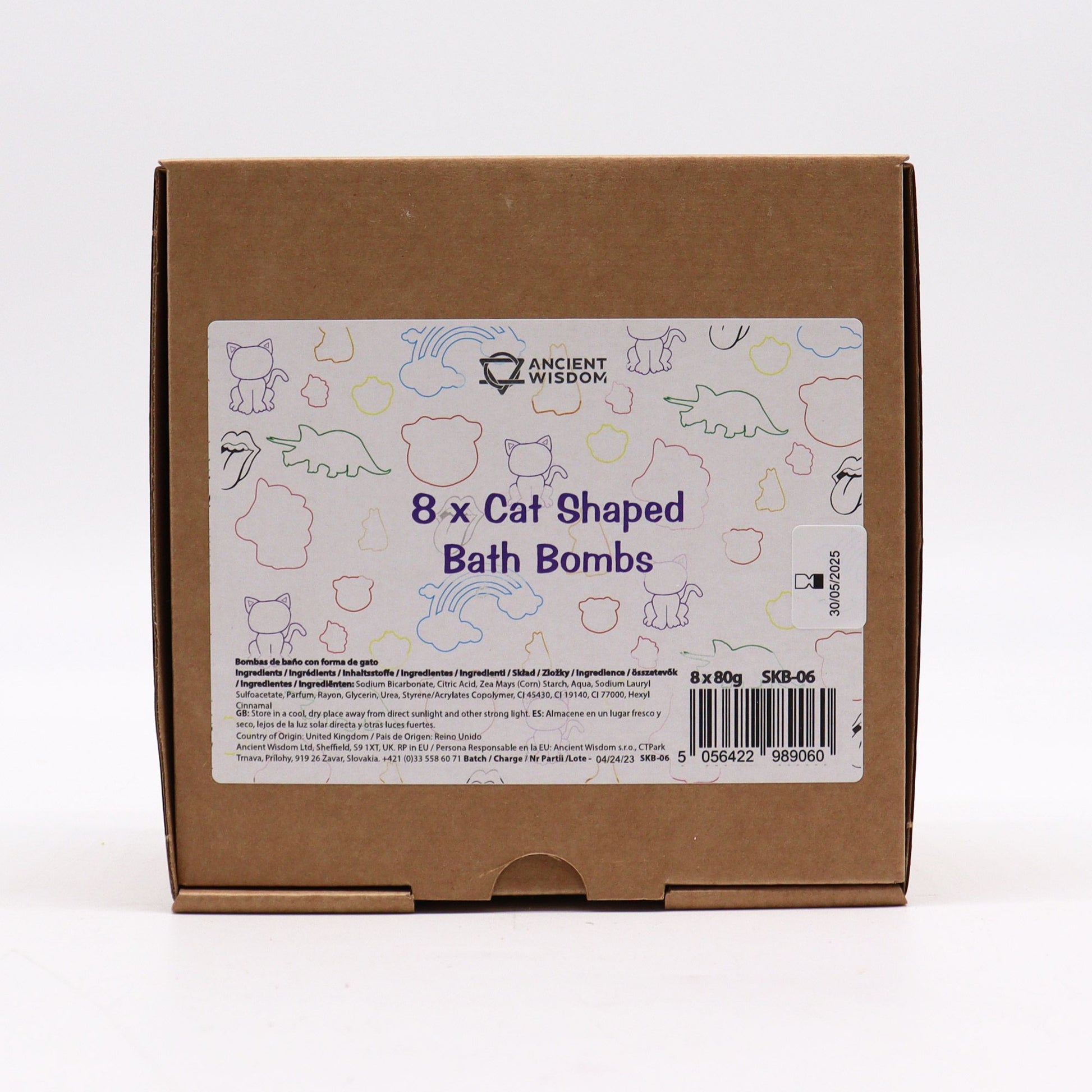 Colorful cat-shaped bath bomb for kids by The Bliss Co, 80g, with vibrant swirls and playful design in the image.