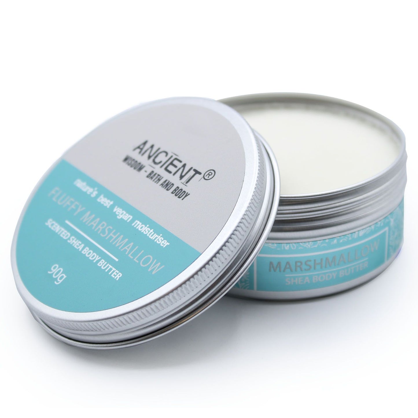 Scented Shea Body Butter by The Bliss Co in 90g container with fluffy marshmallow scent and soft, creamy texture.