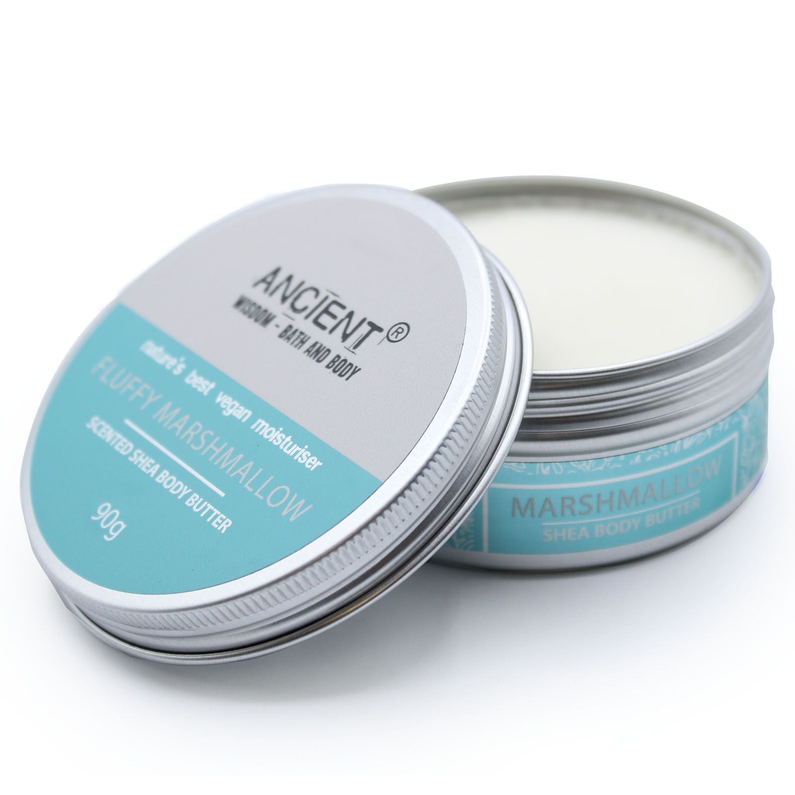 Scented Shea Body Butter by The Bliss Co in 90g container with fluffy marshmallow scent and soft, creamy texture.