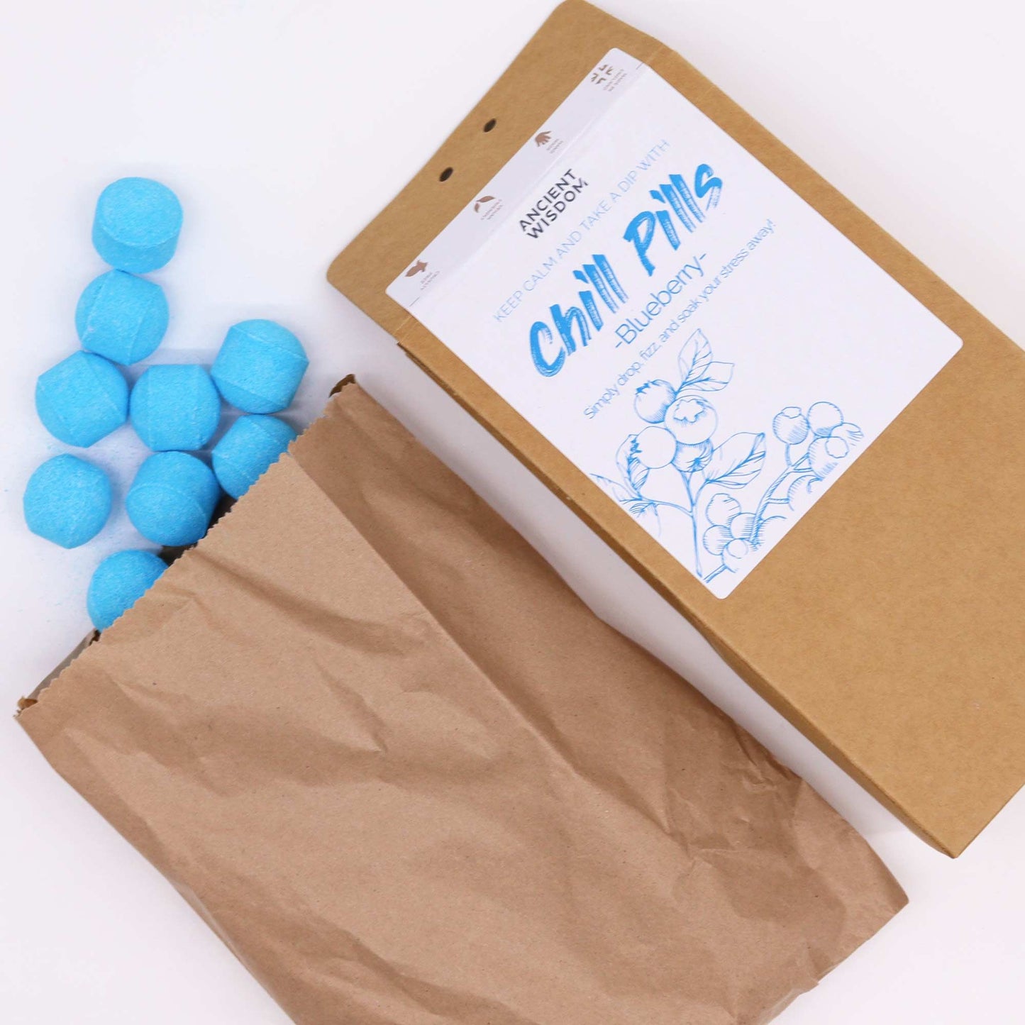 Chill Pills gift pack by The Bliss Co featuring blueberry-flavored Chill Pills in a 350g package, displayed in a gift box.