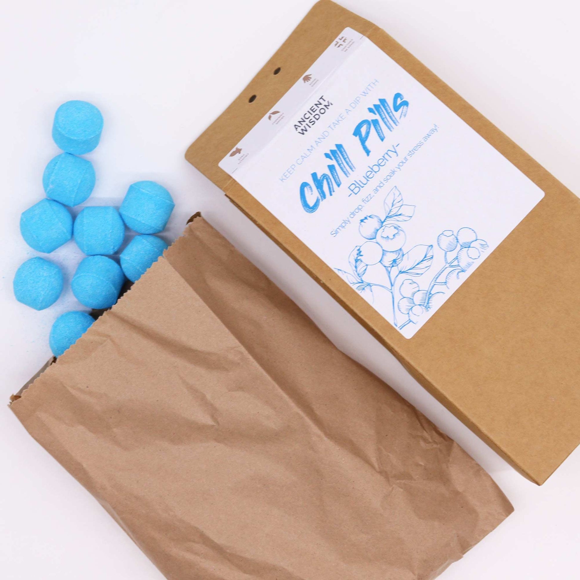 Chill Pills gift pack by The Bliss Co featuring blueberry-flavored Chill Pills in a 350g package, displayed in a gift box.
