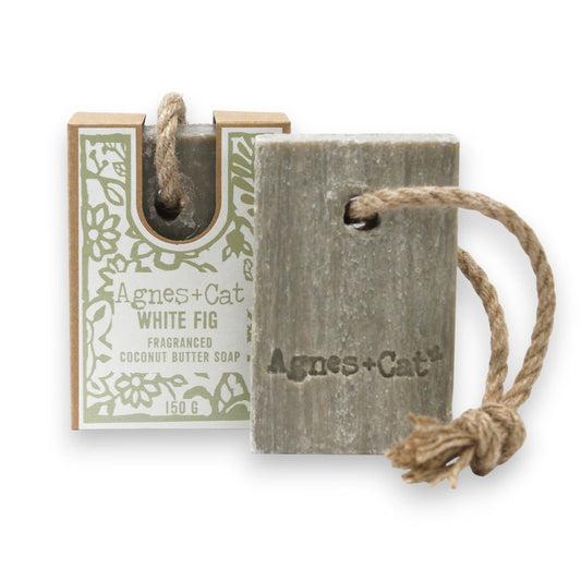 Agnes + Cat Soap on a Rope in White Fig scent by The Bliss Co, featuring a white soap bar on a rope with elegant packaging.