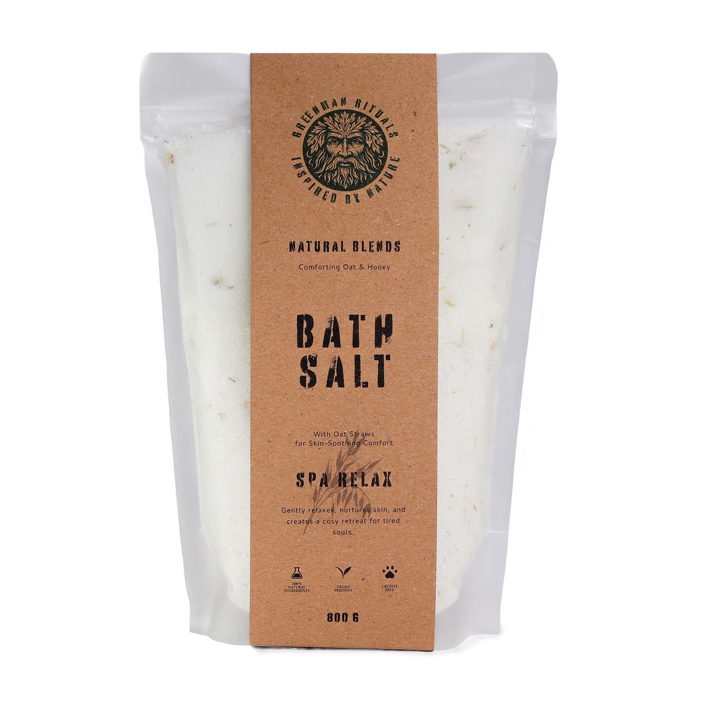Greenman Rituals Oat & Honey Epsom Bath Salt in a clear jar, featuring natural ingredients and calming green and beige packaging.