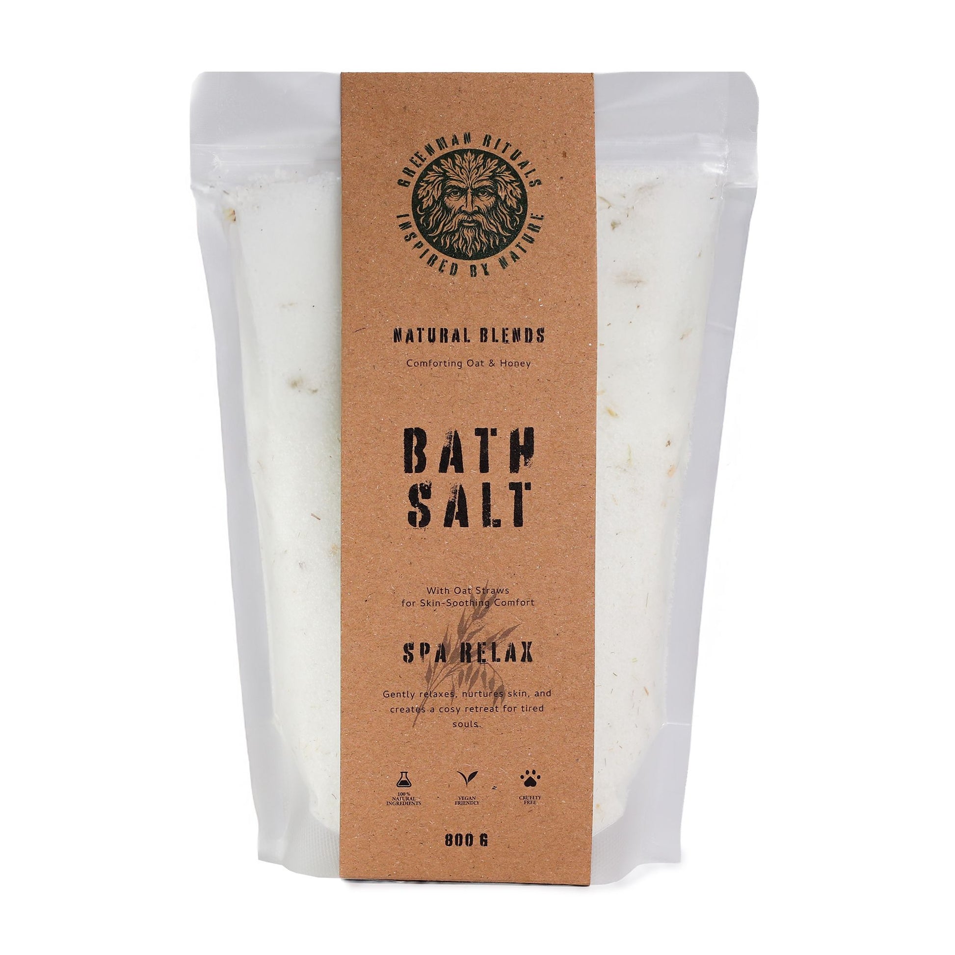 Greenman Rituals Oat & Honey Epsom Bath Salt in a clear jar, featuring natural ingredients and calming green and beige packaging.