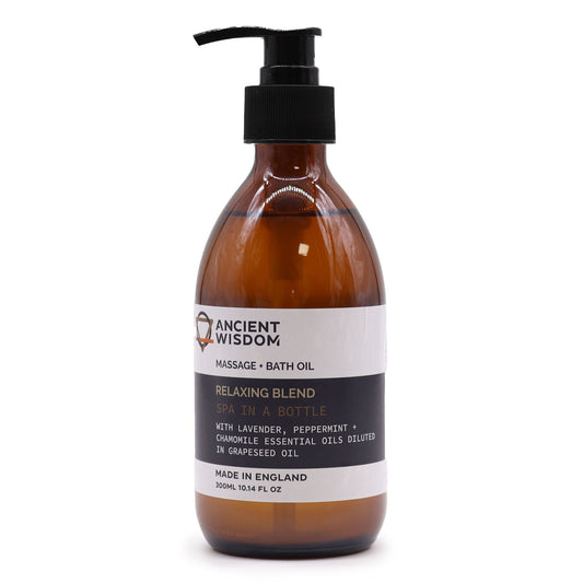 The Bliss Co Aromatherapy Massage and Bath Oil in 300ml bottle with pump, showing a relaxing aromatherapy oil product.