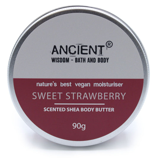 Scented Shea Body Butter by The Bliss Co in 90g jar, featuring a sweet strawberry fragrance and creamy texture.