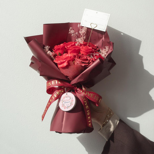 Large red soap roses bouquet by The Bliss Co, featuring vibrant red soap flower roses in an elegant arrangement, perfect for gifting.