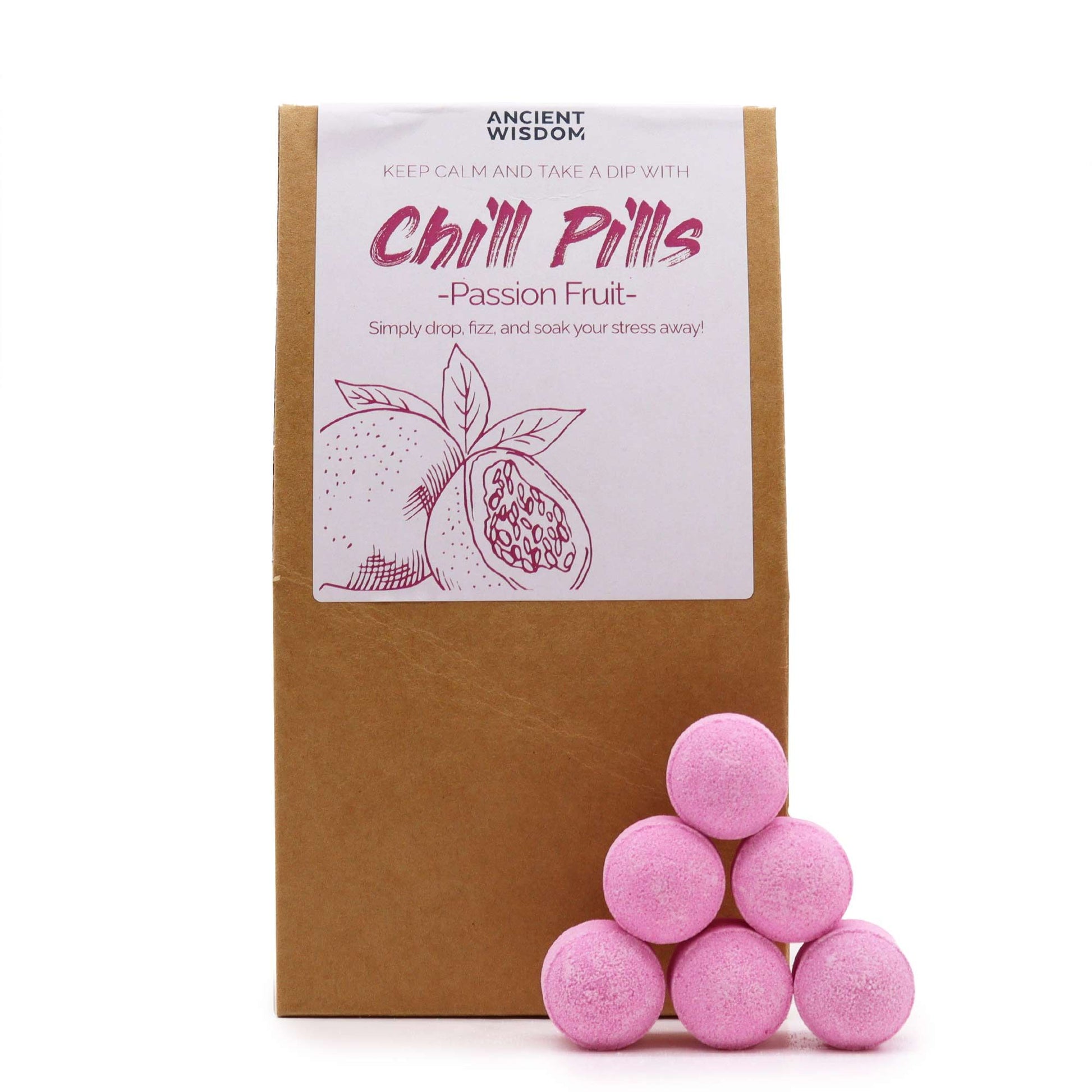 Chill Pills gift pack by The Bliss Co featuring passion fruit flavored relaxation candies in a 350g box.