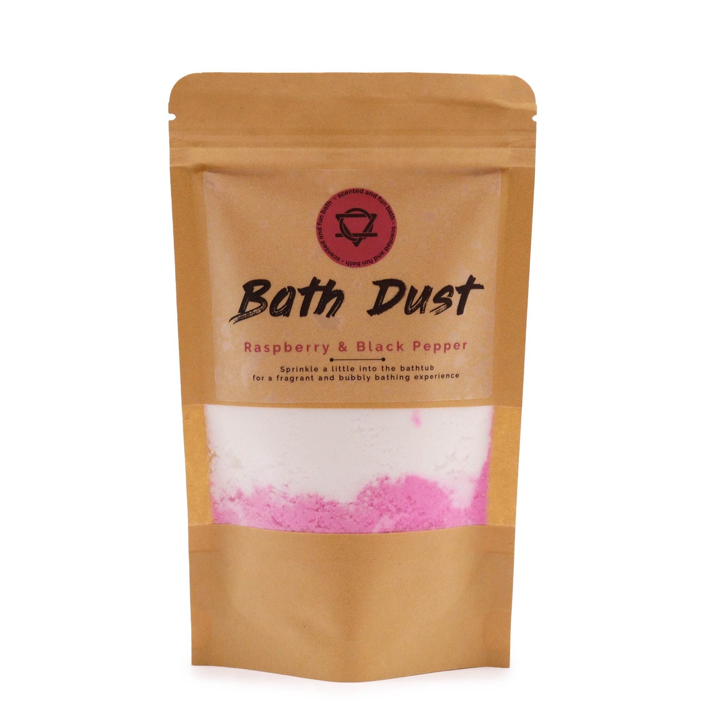 Raspberry and black pepper bath dust by The Bliss Co in a 190g jar, showing the textured bath dust with raspberry and black pepper ingredients.