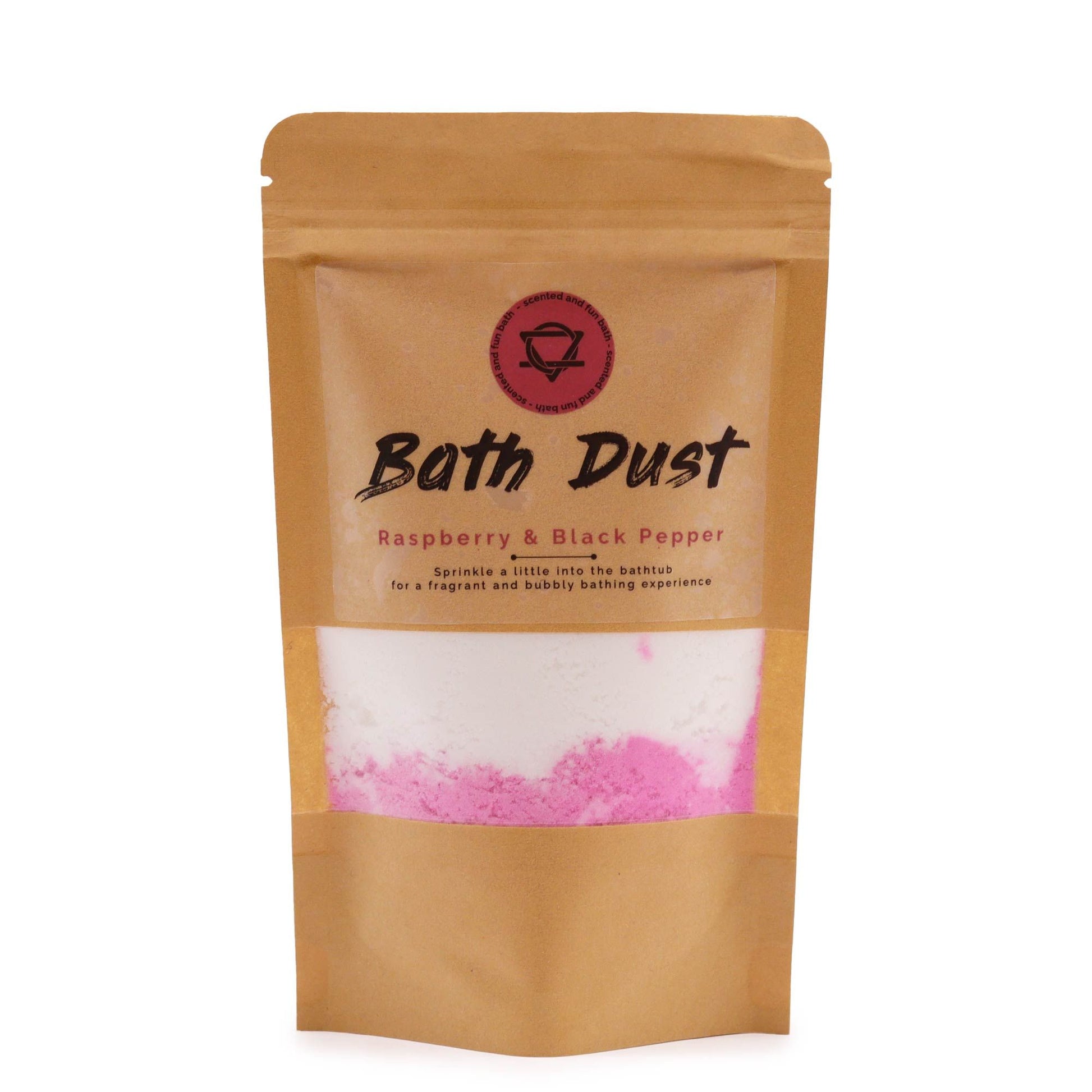 Raspberry and black pepper bath dust by The Bliss Co in a 190g jar, showing the textured bath dust with raspberry and black pepper ingredients.