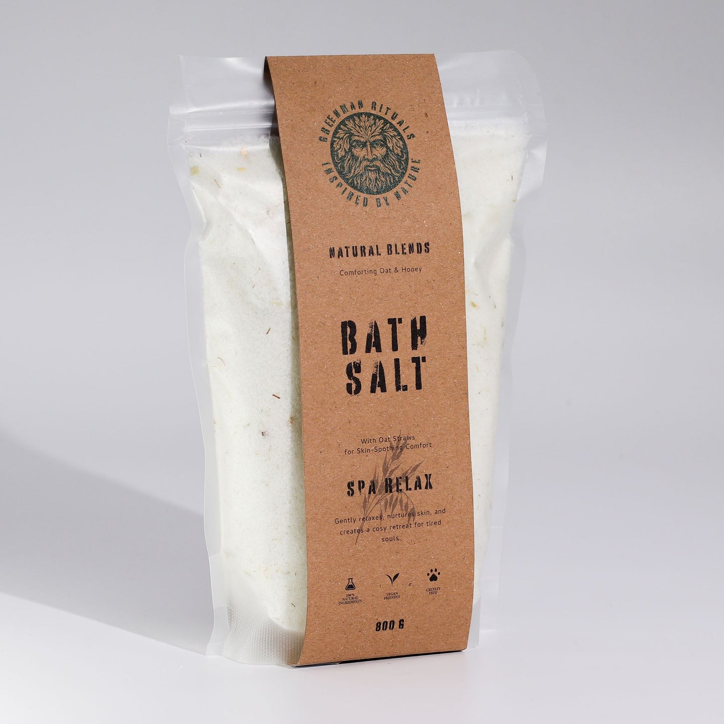 Greenman Rituals Oat & Honey Epsom Bath Salt from The Bliss Co, shown in a jar with oats and honey ingredients.