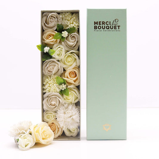 White and ivory soap flower gift box from The Bliss Co, Long Box Wedding Blessings, elegant wedding-themed soap flower arrangement