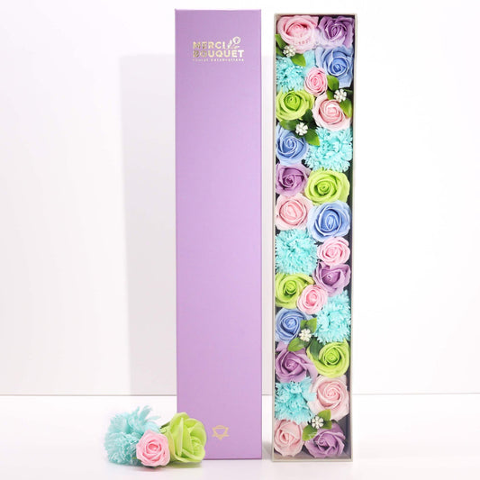 Extra Long Baby Blessings soap flower gift box by The Bliss Co featuring blue soap flowers in an elegant gift box.