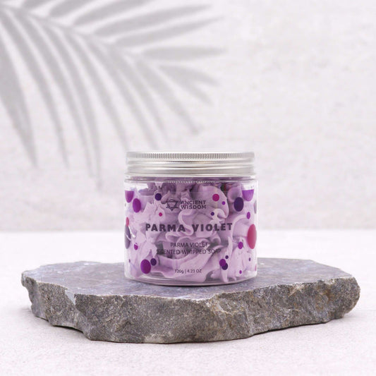 Parma Violet whipped soap by AW Dropship UK in a 120g jar, showcasing its creamy, lavender-scented texture for gentle cleansing.
