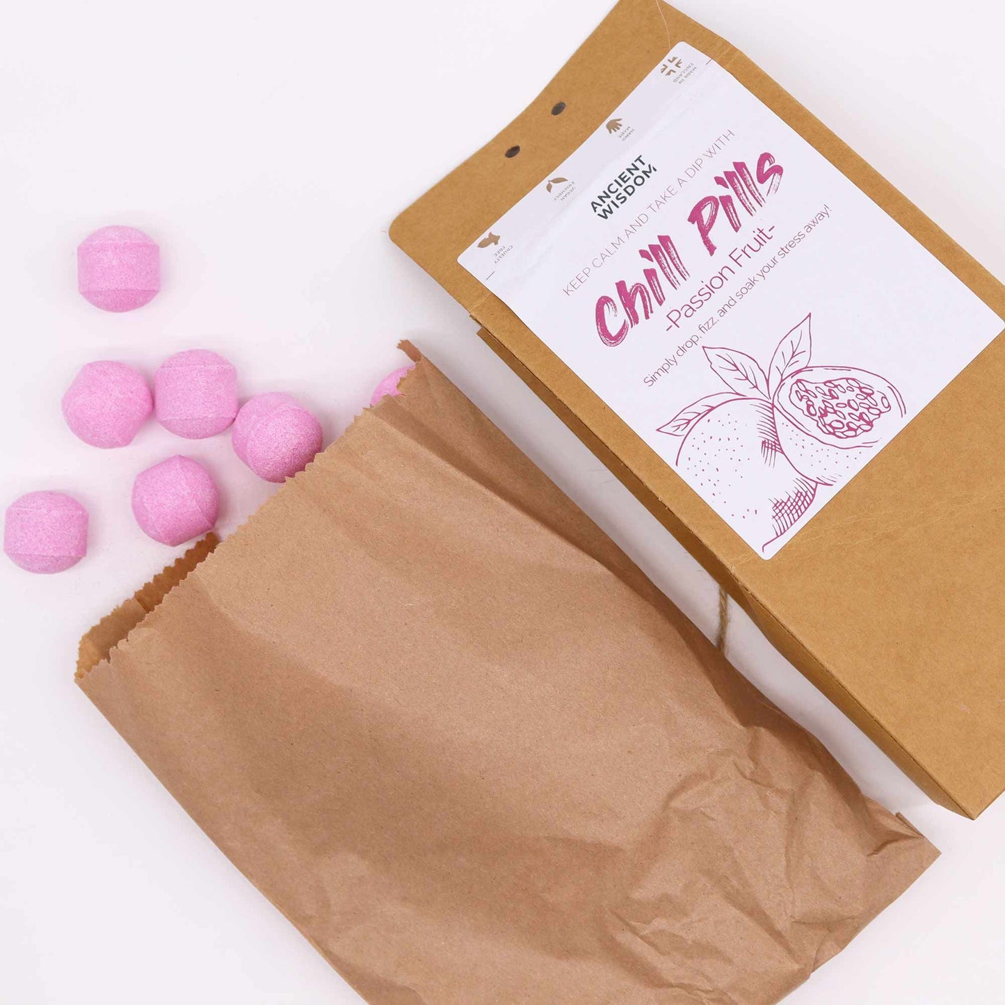 Chill Pills Gift Pack 350g by The Bliss Co featuring passion fruit flavored relaxation candies in a colorful gift box.