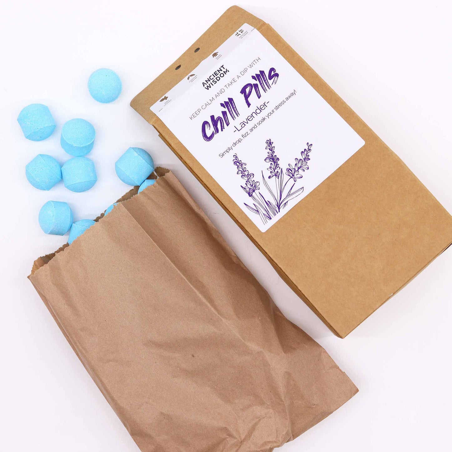 Chill Pills gift pack by The Bliss Co featuring lavender-flavored Chill Pills in a 350g package on a white background.