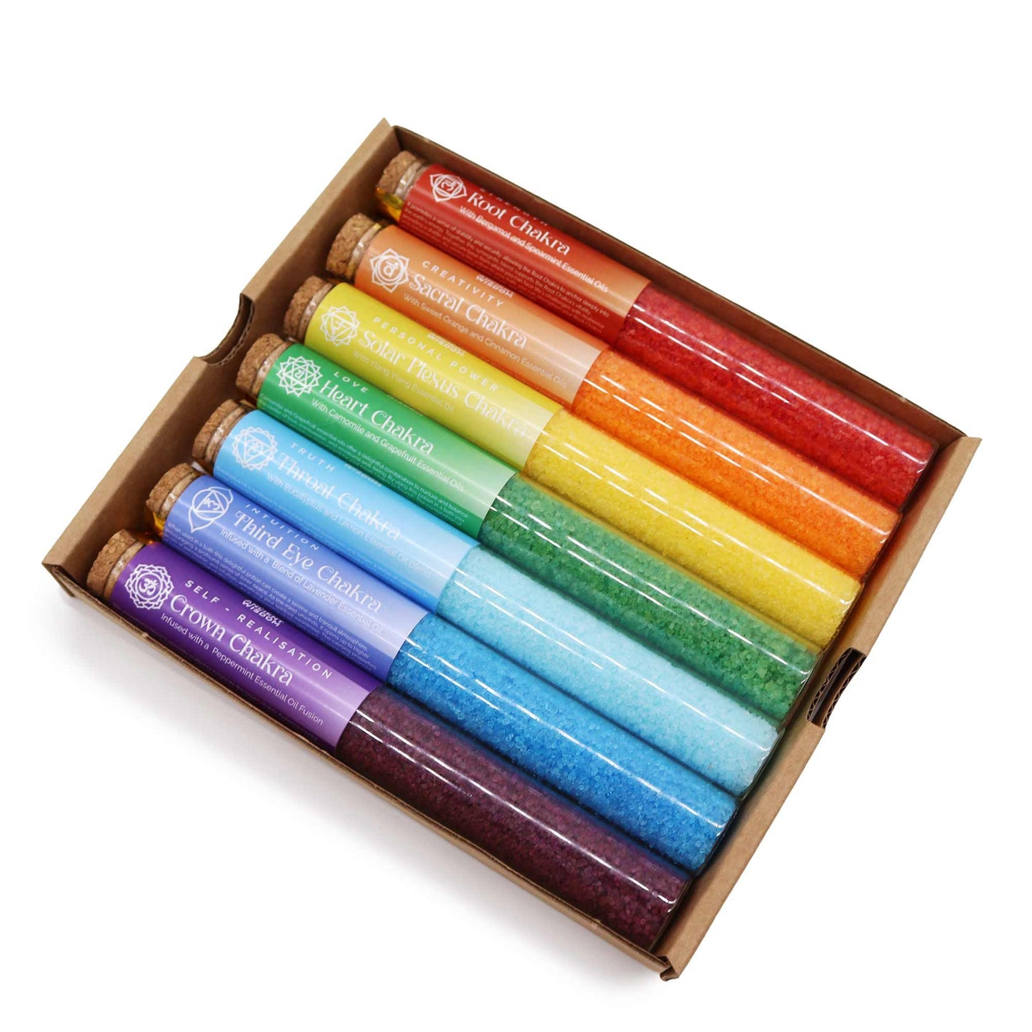 Set of seven Chakra Bath Salt vials by The Bliss Co, relaxing bath salts in small glass bottles for chakra balancing and self-care.