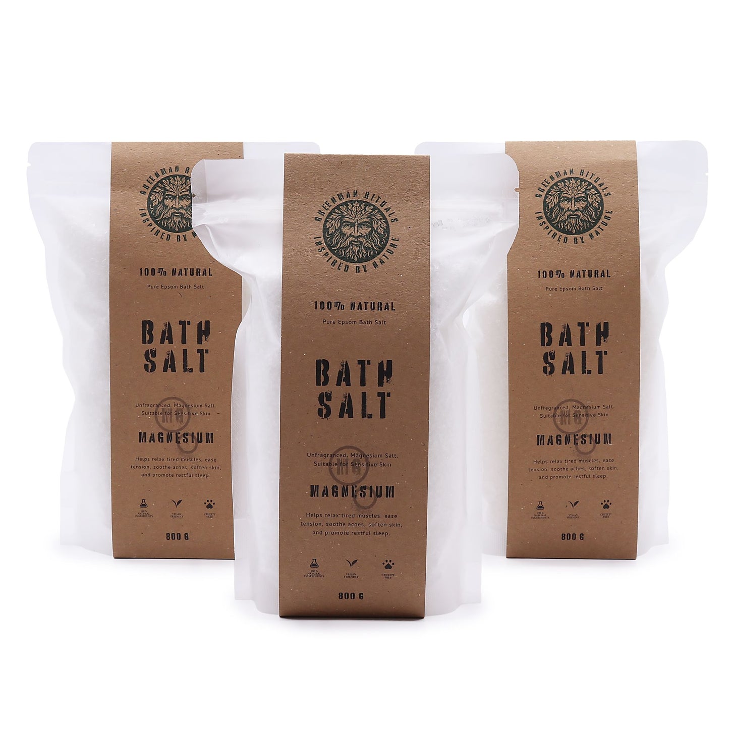 Greenman Rituals Magnesium Epsom Bath Salts by The Bliss Co, green bath salts with magnesium for relaxing baths.