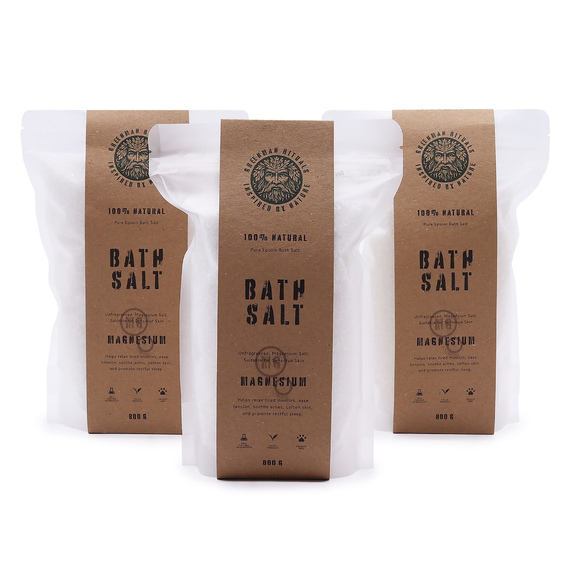 Greenman Rituals Magnesium Epsom Bath Salts by The Bliss Co, green bath salts with magnesium for relaxing baths.