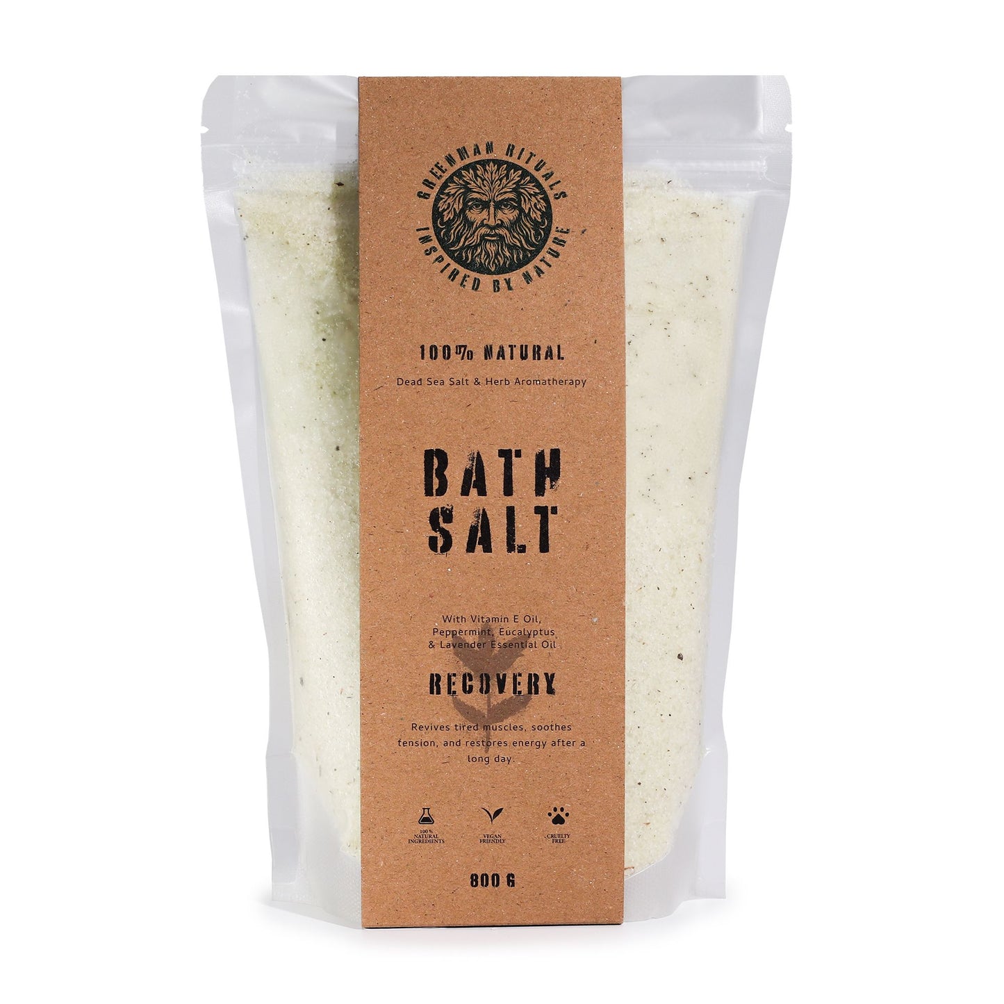 Greenman Rituals Menthol Aromatherapy Epsom Bath Salt for recovery by The Bliss Co, featuring greenish bath salts with a relaxing aroma.