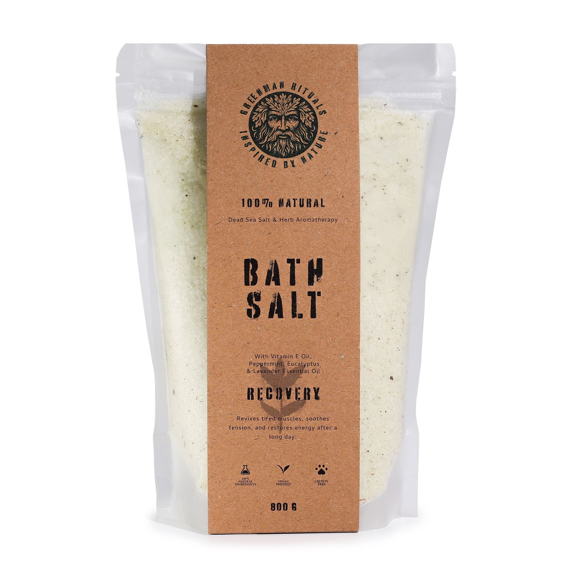 Greenman Rituals Menthol Aromatherapy Epsom Bath Salt for recovery by The Bliss Co, featuring greenish bath salts with a relaxing aroma.