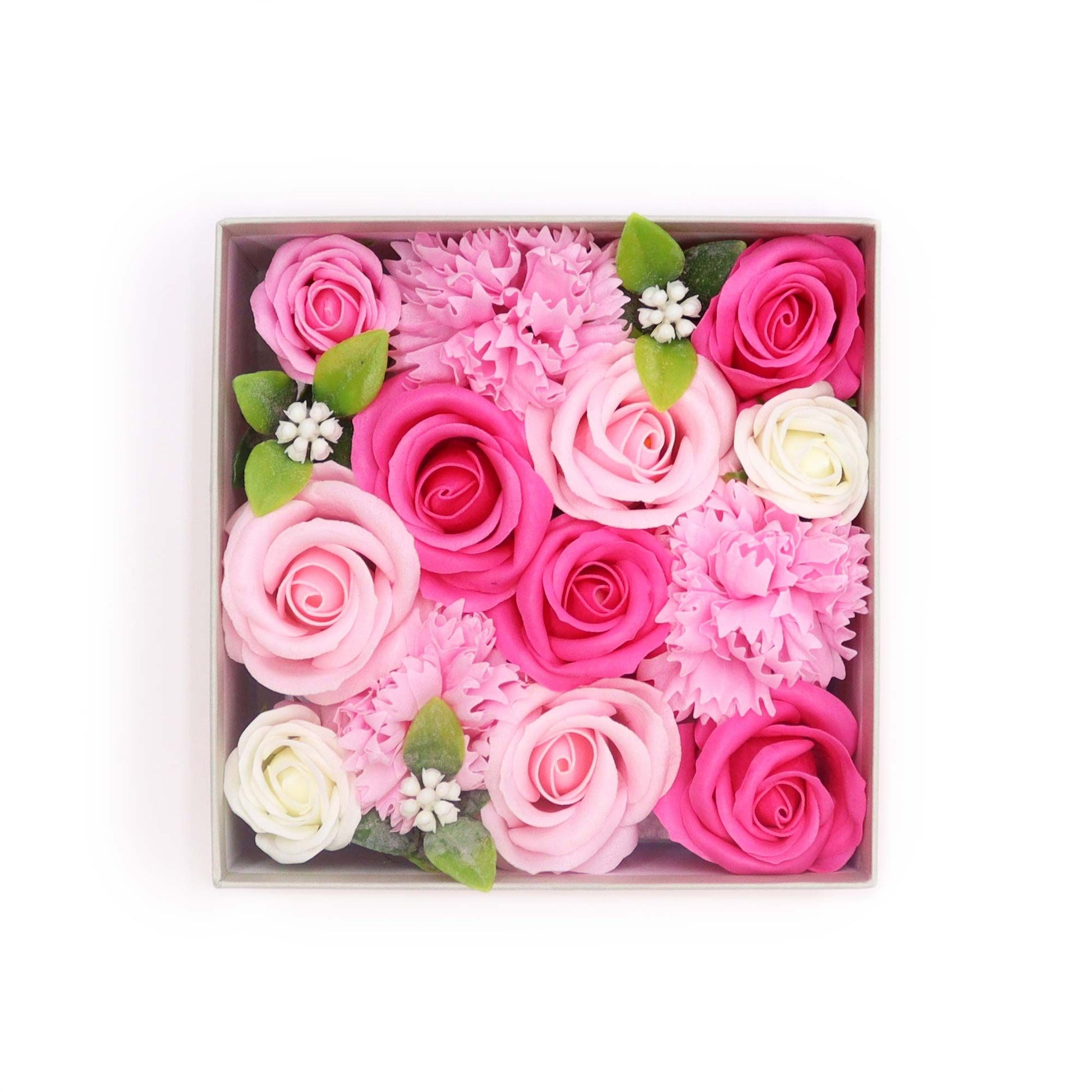 Square box of Baby Blessings pink soap flower gift box by The Bliss Co, featuring delicate pink soap flowers arranged in a square box.