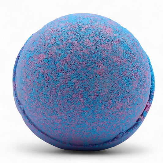 Set of 3 jumbo baby powder scented bath bombs from The Bliss Co, each 180g, with pastel colors and soothing textures.