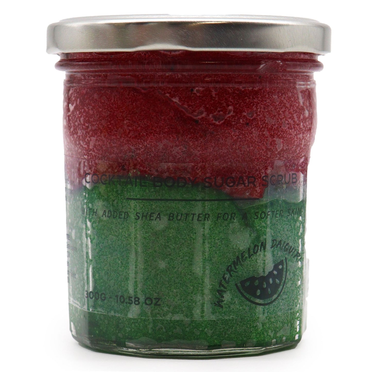The Bliss Co Watermelon Daquiri fragranced sugar body scrub in a 300g jar with watermelon and pink exfoliating sugar visible inside.