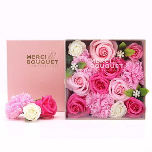 Square Baby Blessings Soap Flower Gift Box in pink by The Bliss Co, featuring decorative soap flowers for baby gift celebrations.